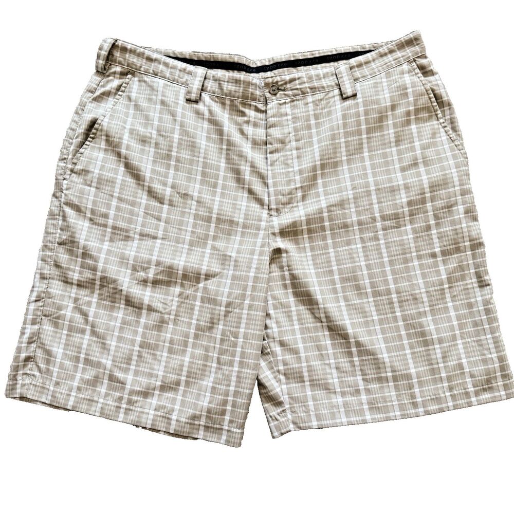 IZOD XFG Golf‎ Shorts Mens 38 Tan Plaid Performance Moisture Wicking Flat Front